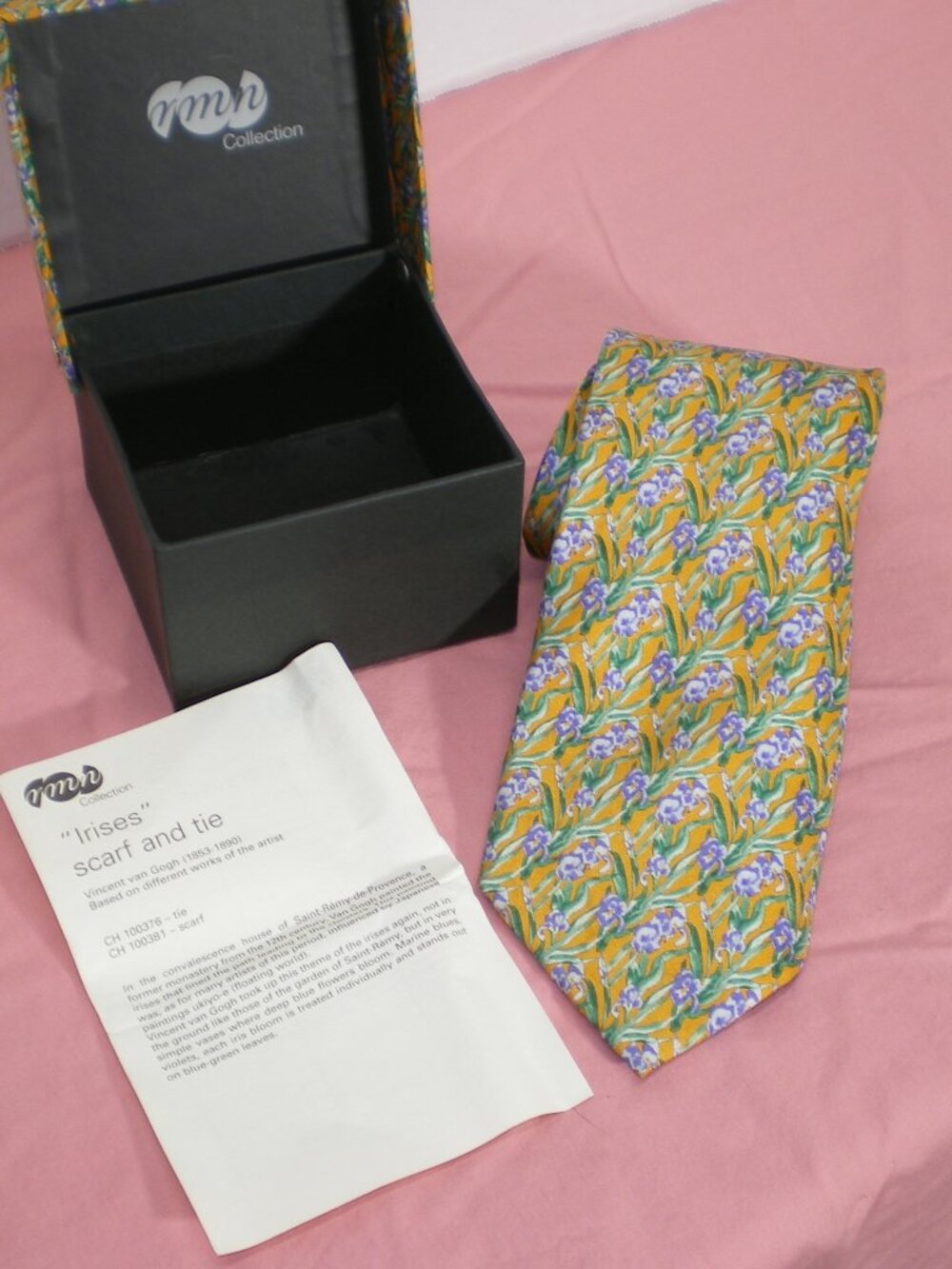 Boxed RMN Collection Necktie, Gold (Orange) and Blue Floral "Irises"